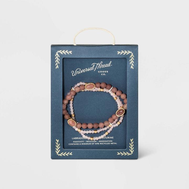 Semi-precious Rose Quartz And Rhodonite With Recycled Metal Stretch Bracelet Set 3pc - Universal Thread Pink