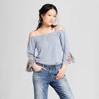 Women's Striped 3/4 Sleeve Off The Shoulder Embroidered Sleeve Top - Almost Famous (juniors') Blue
