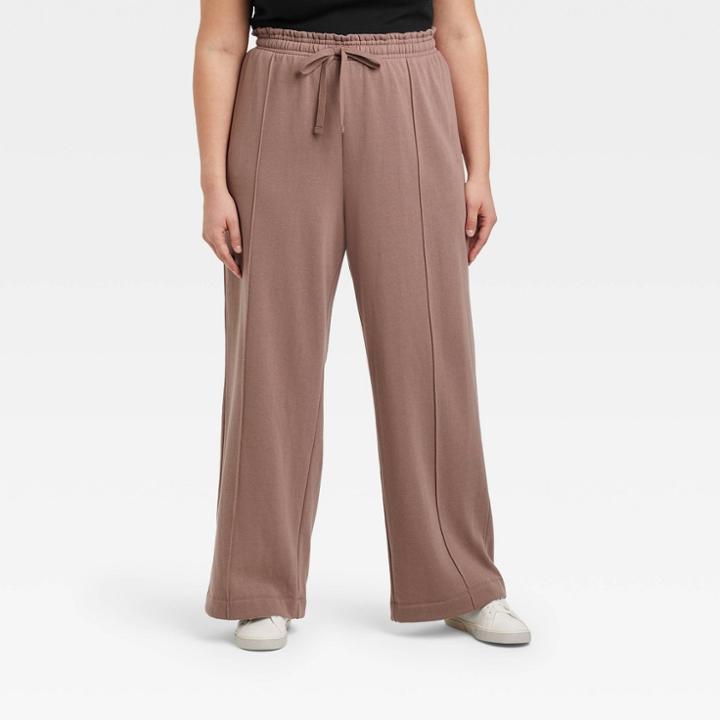 Women's Plus Size High-rise Wide Leg Fleece Pants - A New Day Brown