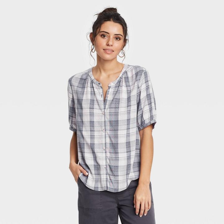 Women's Plaid Short Sleeve Button-front Blouse - Universal Thread Blue
