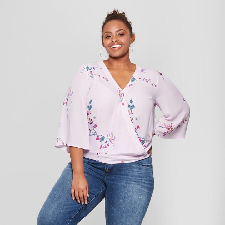 Women's Plus Size Floral Print Wrap Front Short Sleeve Top - Ava & Viv Purple X