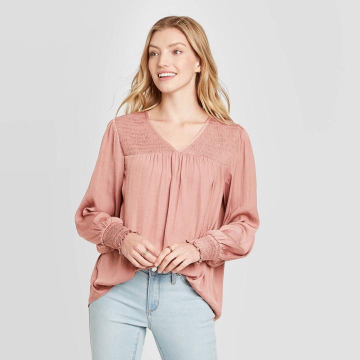 Women's Bishop Long Sleeve Satin Smocked Blouse - Knox Rose Rose