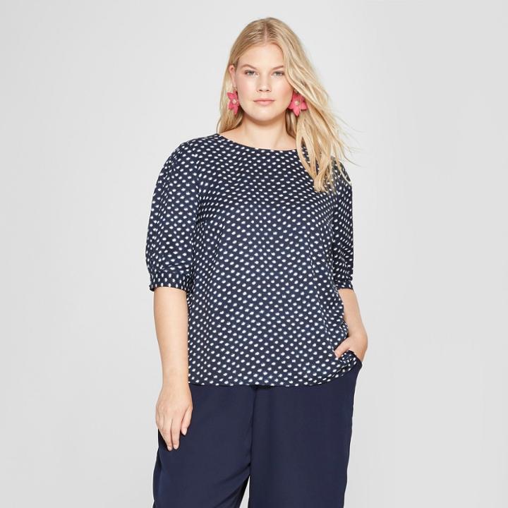 Women's Plus Size Pleated Shoulder Short Sleeve Blouse - Ava & Viv Navy X, Blue