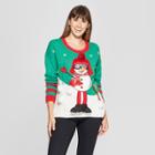 33 Degrees Women's Pom Pom Skiing Snowman Ugly Christmas Sweater - 33degrees - Green