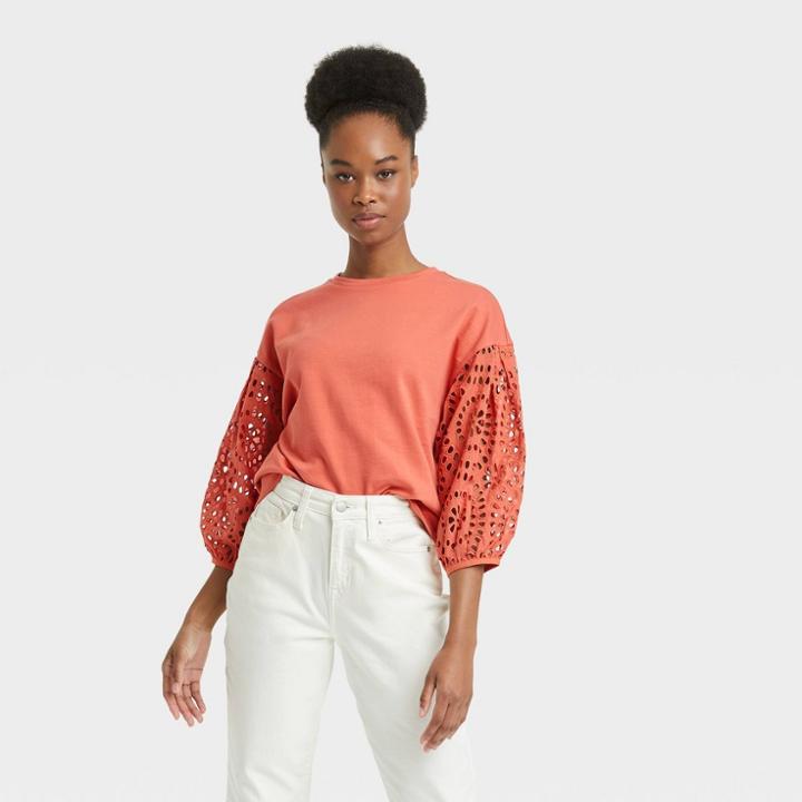 Women's Long Sleeve Round Neck Eyelet Top - A New Day Orange
