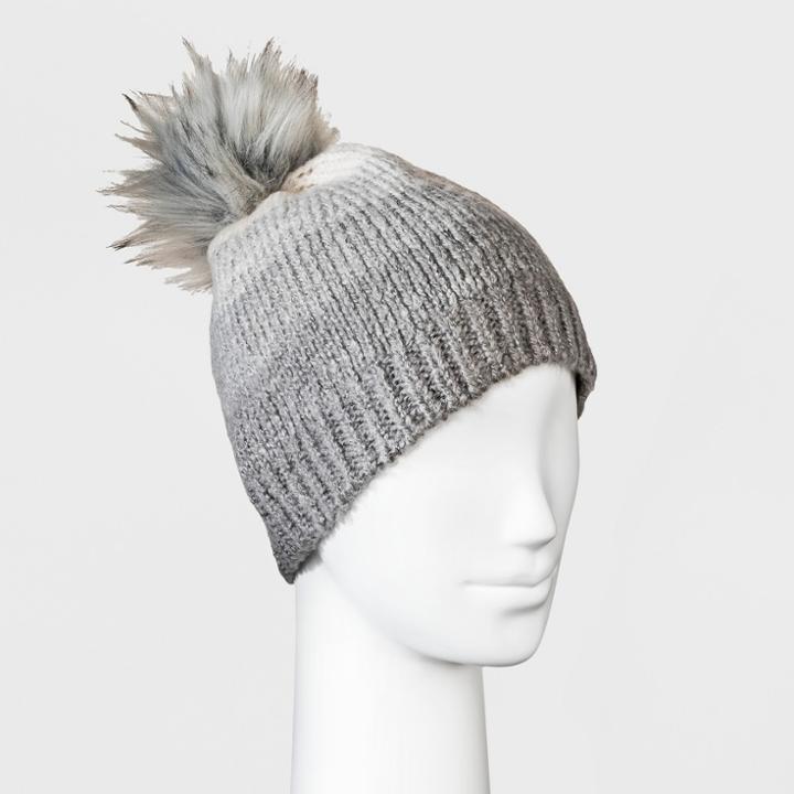 Women's Ombre Faux Fur Pom Beanie - Universal Thread Gray