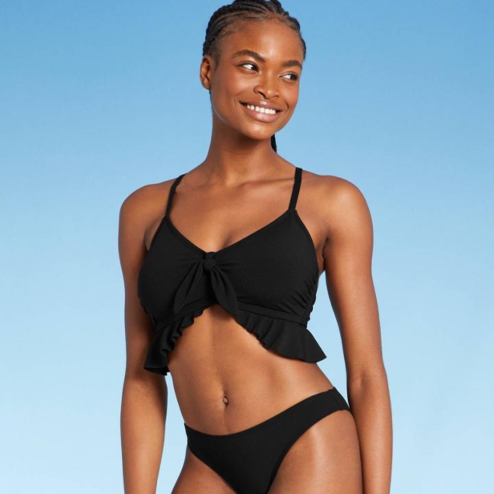 Juniors' Ribbed Ruffle Tie-front Bralette Bikini Top - Xhilaration Black D/dd Cup