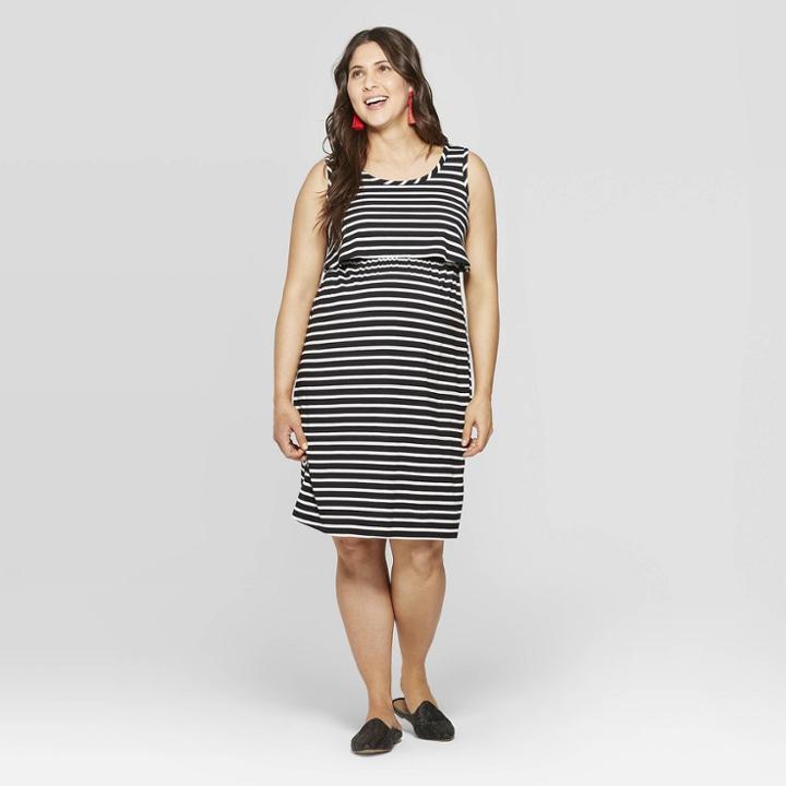Maternity Striped Sleeveless Round Neck Double Layer Nursing Dress - Isabel Maternity By Ingrid & Isabel Black/white