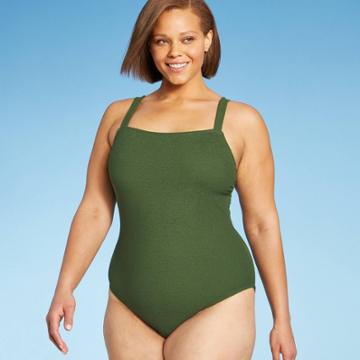 Women's Plus Size Textured Mini Pucker Square Neck One Piece Swimsuit - Kona Sol Dark Green