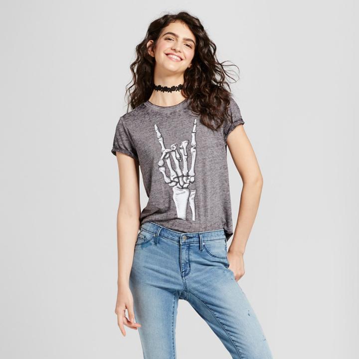 Women's Short Sleeve Skeleton Hand Graphic T-shirt - Zoe+liv (juniors') Black