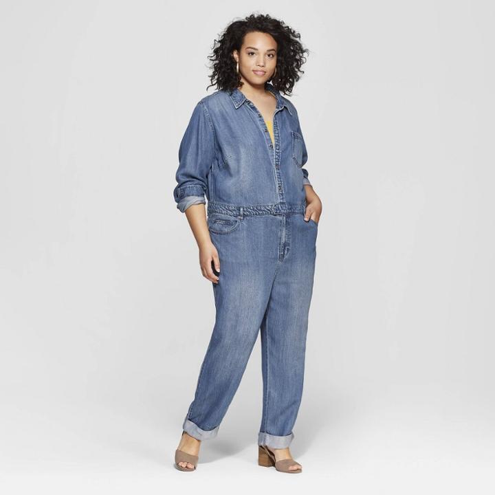 Women's Plus Size Long Sleeve Collared Denim Jumpsuit - Universal Thread Medium Blue