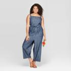 Women's Plus Size Sleeveless Square Neck Belted Denim Jumpsuit - Universal Thread Dark Blue