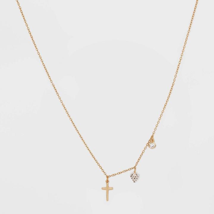 No Brand Sterling Silver Gold Dipped Cubic Zirconia Heart And Cross Chain Necklace - Gold