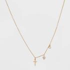 No Brand Sterling Silver Gold Dipped Cubic Zirconia Heart And Cross Chain Necklace - Gold