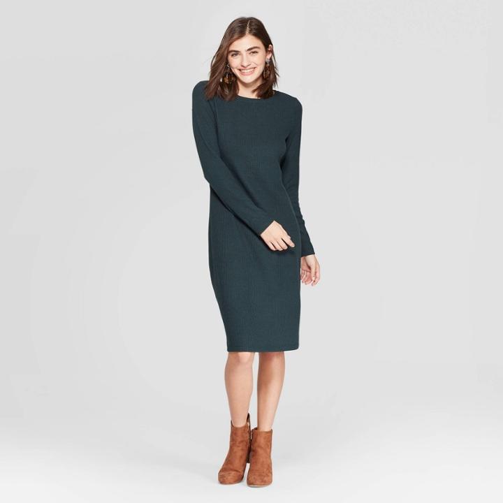 Women's Long Sleeve Crewneck Rib Knit Dress - A New Day Dark Green