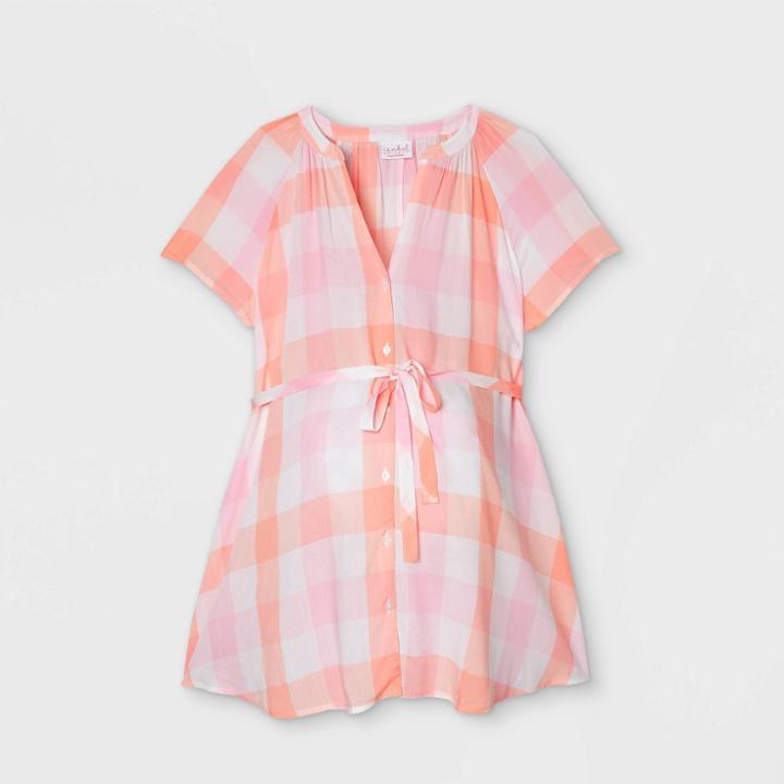 Maternity Checked Short Sleeve Button-down With Tie Waist Woven Popover Top - Isabel Maternity By Ingrid & Isabel Blush Peach