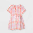 Maternity Checked Short Sleeve Button-down With Tie Waist Woven Popover Top - Isabel Maternity By Ingrid & Isabel Blush Peach