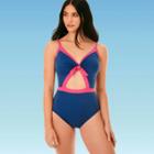 Women's Slimming Control Tie Front Cut Out One Piece Swimsuit - Beach Betty By Miracle Brands Blue/pink S, Women's,