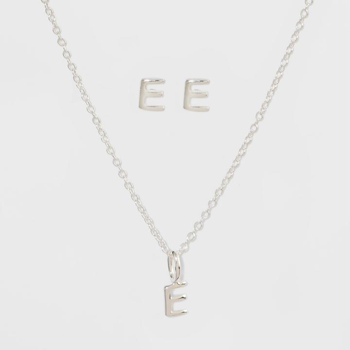 Sterling Silver Initial E Earrings And Necklace Set - A New Day Silver, Girl's,