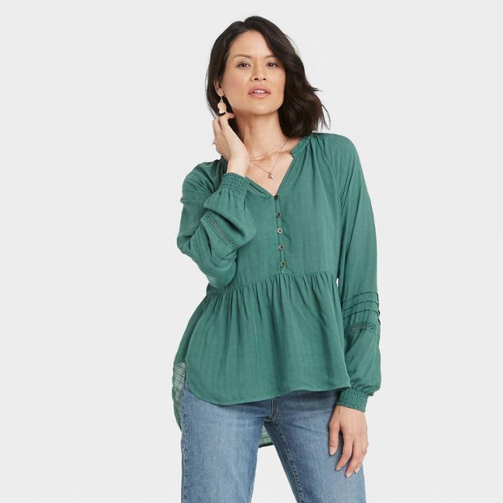 Women's Long Sleeve Button-front Blouse - Knox Rose Green