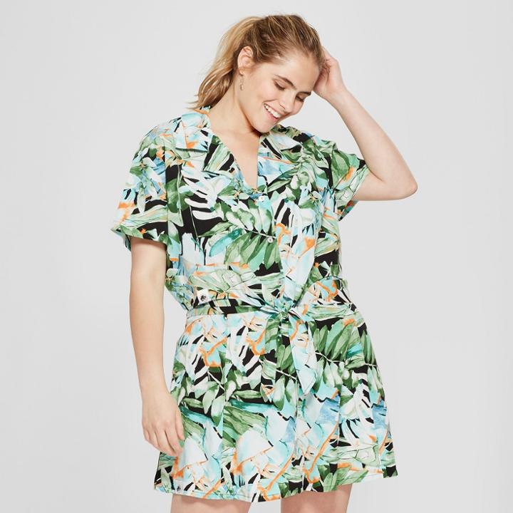 Women's Jurassic Park Plus Size Short Sleeve Tropical Print Tie Front Cropped Blouse (juniors') Green/white 3x,