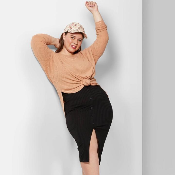 Women's Plus Size Long Sleeve V-neck Cozy T-shirt - Wild Fable Honey