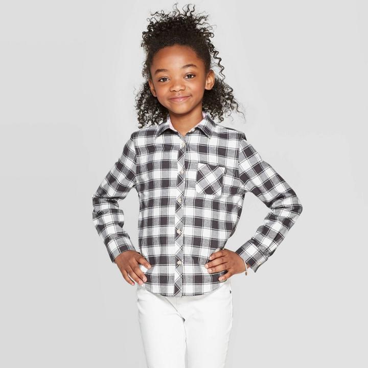 Girls' Long Sleeve Buffalo Plaid Woven Button-down - Cat & Jack Cream
