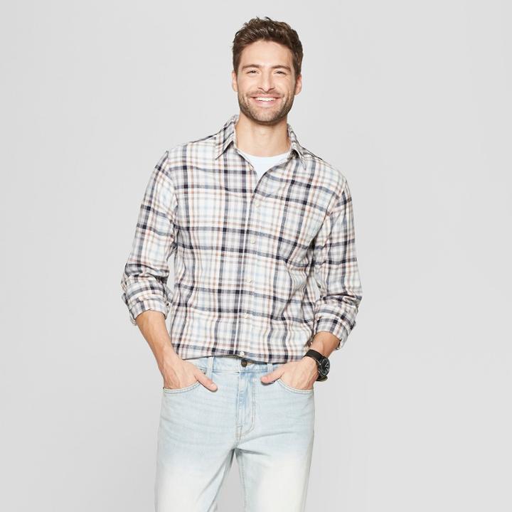 Men's Plaid Long Sleeve Cotton Slub Button-down Shirt - Goodfellow & Co Gray