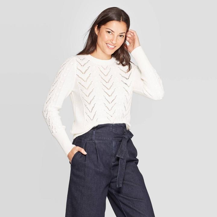 Women's Long Sleeve Crewneck Stitch Detail Pullover Sweater - A New Day Cream