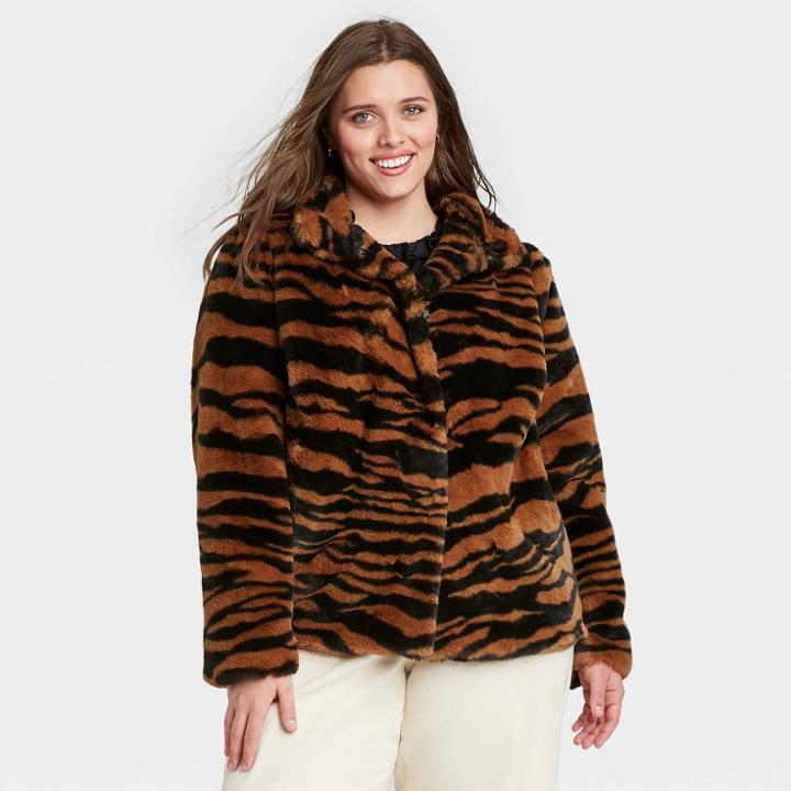Women's Plus Size Zebra Print Puff Shoulder Faux Fur Jacket - Who What Wear Brown