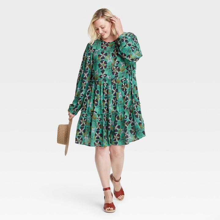 Women's Plus Size Long Sleeve Babydoll Dress - Knox Rose Green Floral