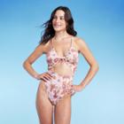 Women's Ribbed Plunge Front Cut Out One Piece Swimsuit - Shade & Shore Cream Floral Print 32b, Ivory Floral Print
