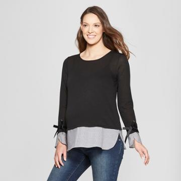 Maternity Long Sleeve Layered Ribbon Trim Sweaterknit Top - Macherie - Black