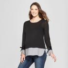 Maternity Long Sleeve Layered Ribbon Trim Sweaterknit Top - Macherie - Black