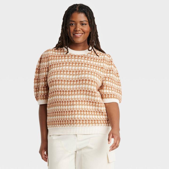 Women's Plus Size Puff Elbow Sleeve Crewneck Pullover Sweater - Universal Thread Cream