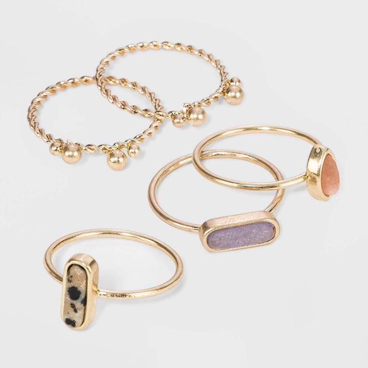 Semi-precious Dalmation Jasper, Sunstone & Angelite Multi Ring Set - Universal Thread Worn Gold, Women's,
