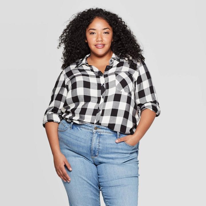 Women's Plus Size Plaid Long Sleeve Collared Button-down Shirt - Universal Thread Black/white