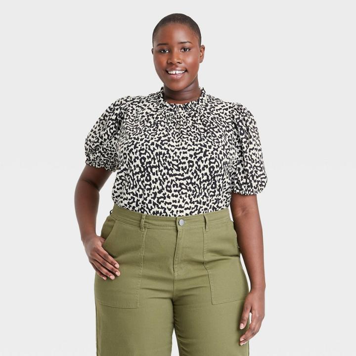 Women's Plus Size Leopard Print Puff Elbow Sleeve Blouse - Who What Wear Cream