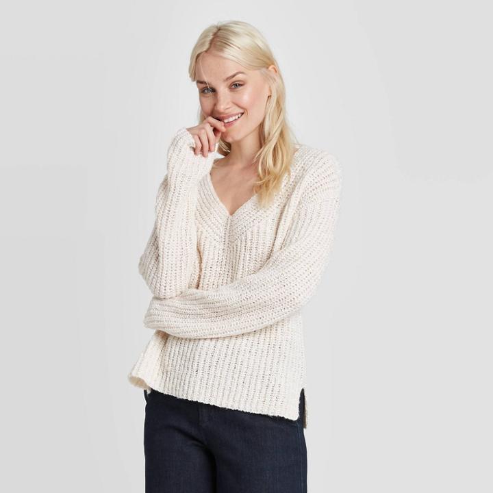 Women's V-neck Pullover Sweater - A New Day Cream Xs, Women's, Ivory