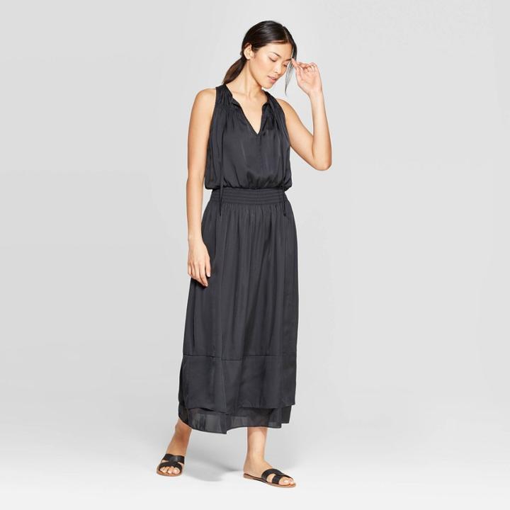 Women's Sleeveless Halter Neck Smocking Maxi Dress - Prologue Black