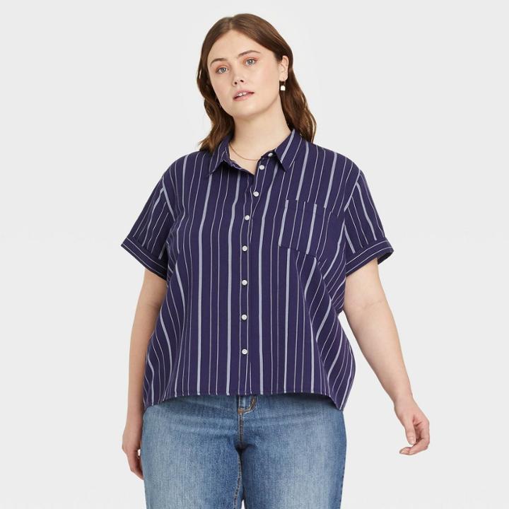 Women's Plus Size Short Sleeve Button-down Shirt - Universal Thread Navy Blue