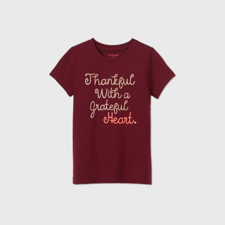 Girls' Short Sleeve 'thankful With A Grateful Heart' Graphic T-shirt - Cat & Jack Burgundy
