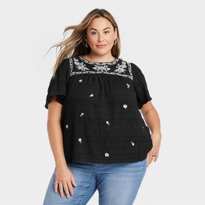 Women's Plus Size Flutter Short Sleeve Embroidered Top - Knox Rose Black