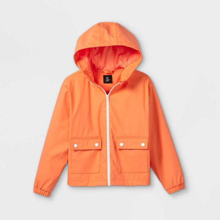 Girls' Hooded Rain Long Sleeve Jacket - Art Class Orange