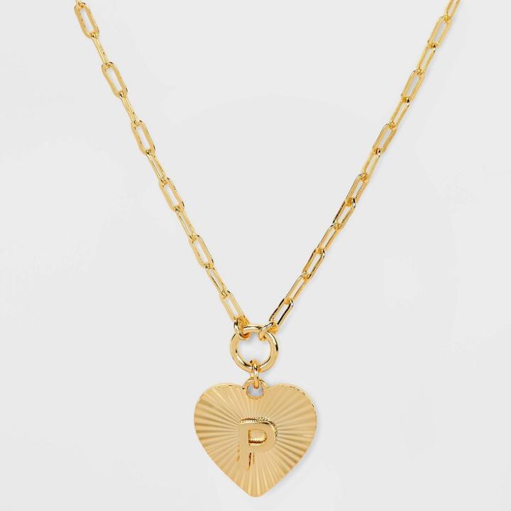 14k Gold Dipped 'p' Initial Diamond Cut Heart Pendant Necklace - A New Day Gold