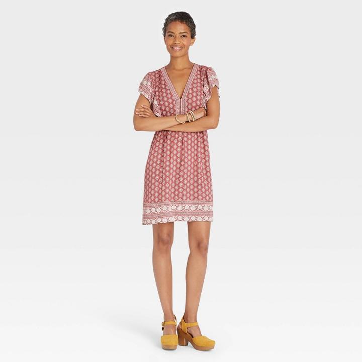 Women's Short Sleeve Shift Dress - Knox Rose Coral Ikat Print L, Pink Ikat Print