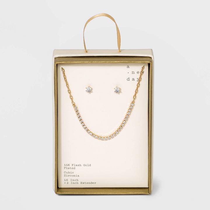 Silver Plated Gold Dipped Rhinestone Chain Necklace And Earring Set - A New Day Gold