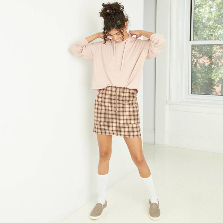 Women's Plaid High-rise Zip-front Corduroy Mini Skirt - Wild Fable Tan