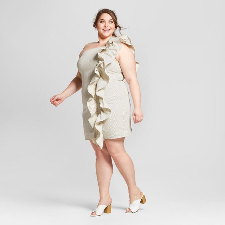 Women's Plus Size Striped One Shoulder Ruffle Mini Dress - Who What Wear Black/white X, Blue