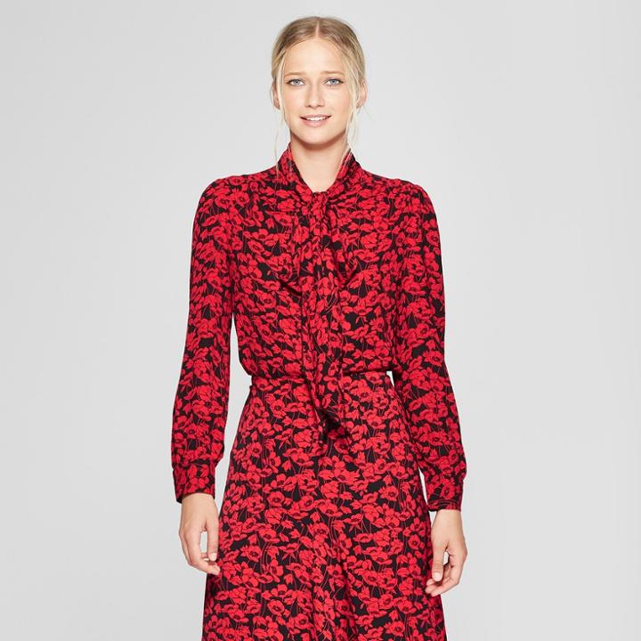 Women's Floral Print Long Sleeve Exaggerated Tie Neck Blouse - Who What Wear Red/black Xl, Red/black Floral